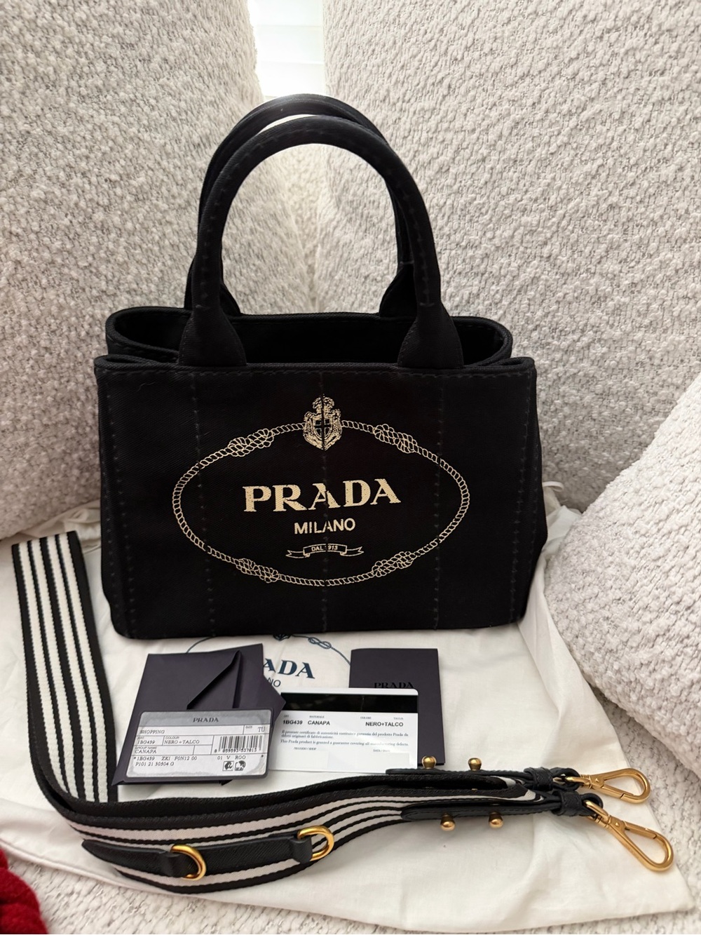 Prada Black Canvas Tote with Gold Logo - Picture 9 of 15